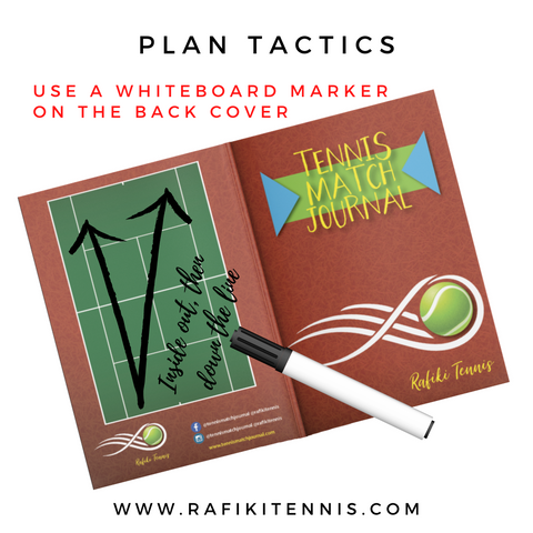 Use a whiteboard marker on the back cover to plan match tactics training drills - Rafiki Tennis Match Journal